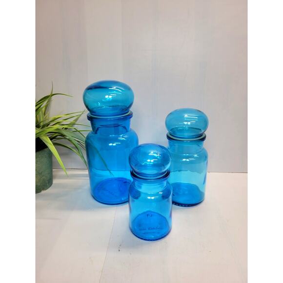 3 Vintage Belgium Blue Glass Bubble Top Apothecary Canister Jars - Picture 1 of 5